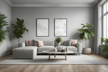 Cozy light living room interior with indoor plants, sofas and cushions, wooden coffee table and pictures on the wall
