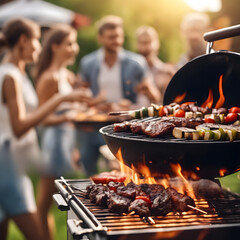Barbeque grill with delicious grilled meat and vegetables on blurred party people background - obrazy, fototapety, plakaty