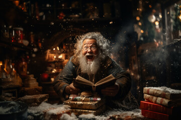 Obraz premium Cheerful emotional Santa Claus with a gifts in hands in his workshop. Christmas fairytale