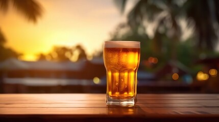 Beer on wooden counter bar with beach vibes background.  - obrazy, fototapety, plakaty