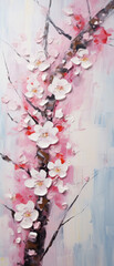 Watercolor painting of a blossoming branch of a cherry tree.