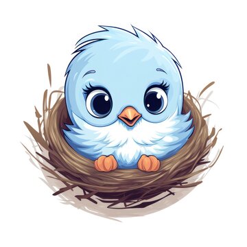 Bird on the nest cute kawaii style design for t-shirt isolated on white background