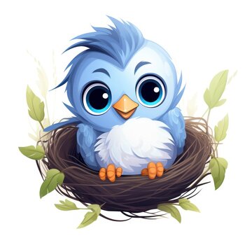Bird on the nest cute kawaii style design for t-shirt isolated on white background