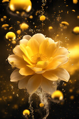 Luminescent Orange Flower Falling in Water on Yellow Background, Fluid Motion Masterpiece