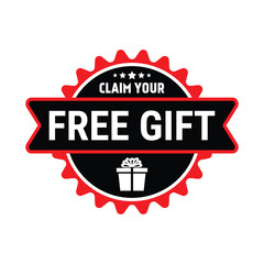 Claim Your Free Gift Box Icon Badge Vector Illustration, Gift Box Symbol, Marketing And Campaign Design Elements, Emblem, Label, Sticker, T Shirt Design Elements For Social Media Promotional Products