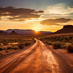 Fototapeta na wymiar Dirt road winding through desert with setting sun casting golden light on landscape, mesas in distance, under a clouded sky