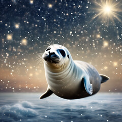 Baby seal flying in the starry sky