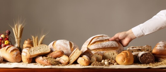 Woman placing whole wheat bread roll with other breads With copyspace for text - obrazy, fototapety, plakaty