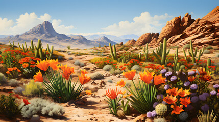 Highlight the remarkable beauty of desert flora as colorful wildflowers bloom in the arid...