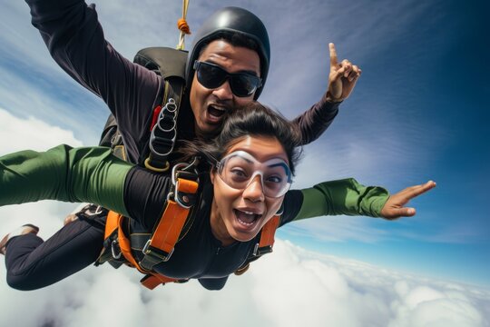 People fly sky. Extreme skydiving parachute flying sport. Generate ai