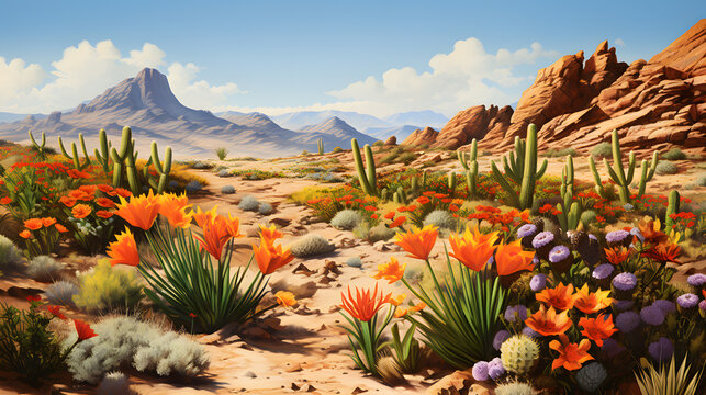 Highlight the remarkable beauty of desert flora as colorful wildflowers bloom in the arid landscape. Emphasize the resilience and adaptability of plant life in these harsh conditions.