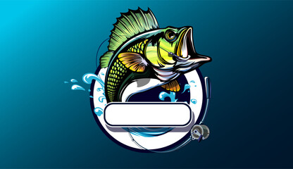 Fishing bass logo. Bass fish with rod club emblem. Fishing theme illustration. Fish Isolated on white.