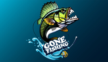 Fishing bass logo. Bass fish with rod club emblem. Fishing theme illustration. Fish Isolated on white.