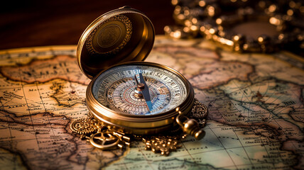 Magnetic compass on world map. Travel geography navigation concept.