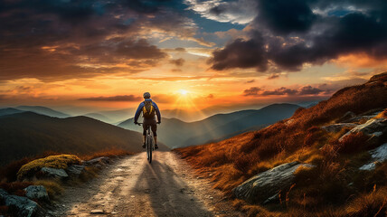 Obraz premium man riding bicycle on mountain path at sunrise in the morning.