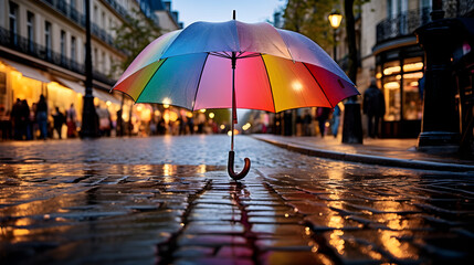 un parapluie ouvert dans une rue pavée sous la pluie, sans personne - obrazy, fototapety, plakaty