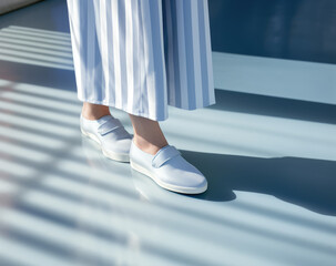 a person's feet wearing slip on shoes with blue stripes