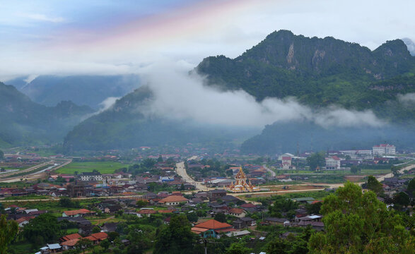 Aerial village landscape, Phu Hua Lon, Xaysomboun, Laos