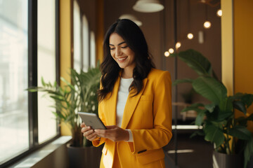 Young indian businesswoman using digital tab at modern office