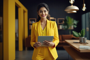 Young indian businesswoman using digital tab at modern office