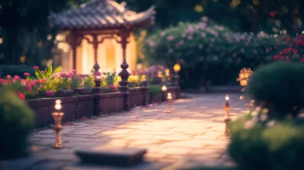 Poster Bedehuis Photo of temple garden, sunset, temple, garden, flowers, golden hour, light bokeh, intricate, sharp focus, soft lighting, vibrant colors, masterpiece