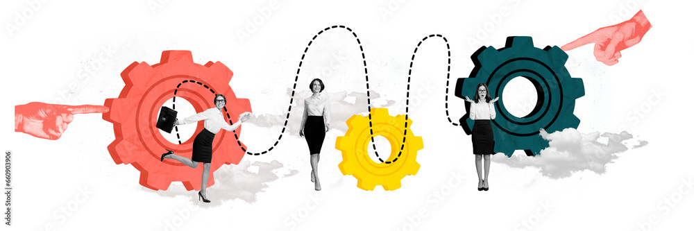 Poster exclusive magazine picture sketch collage image of happy smiling ladies working like one mechanism i