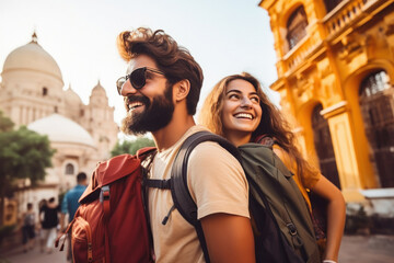 Fototapeta premium Young couple tourist, walking on city street together and enjoying.