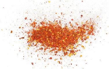 Spicy chili red pepper flakes, chopped, milled dry paprika pile isolated on white, top view - obrazy, fototapety, plakaty