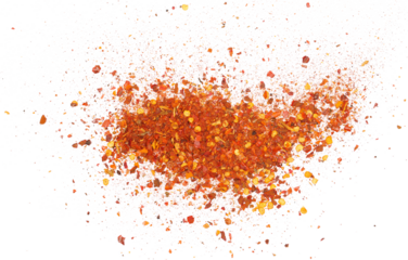 Spicy chili red pepper flakes, chopped, milled dry paprika pile isolated on white, top view