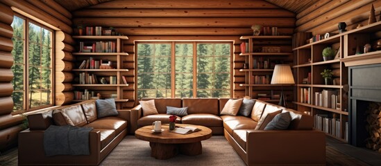 Wood ceiling in log cabin living room With copyspace for text - obrazy, fototapety, plakaty