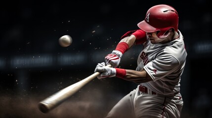 Baseball player swinging bat and hitting ball at stadium