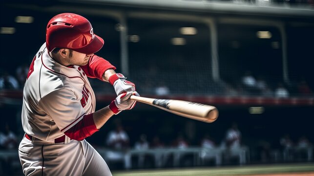 Baseball Player Swinging Bat And Hitting Ball At Stadium