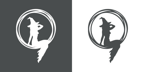 Logo con marco circular con líneas con silueta de bruja sexy sentada con sombrero para su uso en invitaciones y tarjetas de Halloween - obrazy, fototapety, plakaty