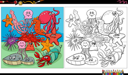 cartoon fish and marine animal characters group coloring page