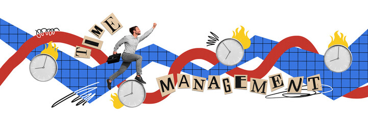 Creative collage image of excited purposeful guy organizing successful time management isolated white color background