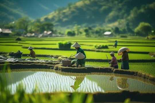 Worker group working at rice agriculture field