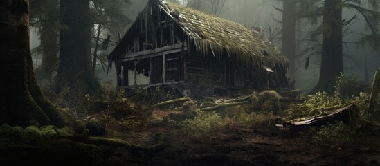 Woodland dwelling left behind With copyspace for text - obrazy, fototapety, plakaty