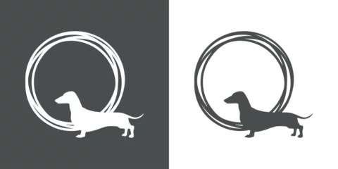 Fotobehang Razas de perro. Logo con marco circular con líneas con silueta de perro dachshund © teracreonte
