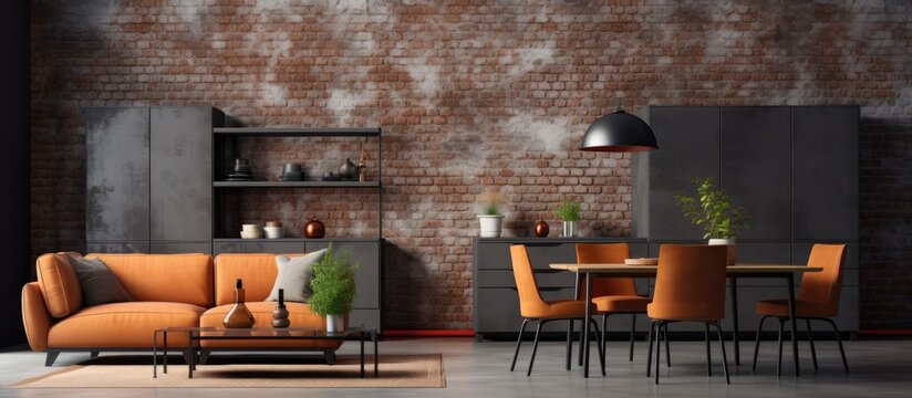 Urban loft living room with industrial style decor and dining area With copyspace for text