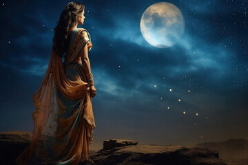 Obraz premium Beautiful indian woman standing on moon background
