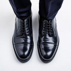 top view, close up, person in shoes on a white background