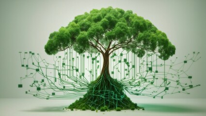 growing internet startup , with green tree growing from network of data and information

