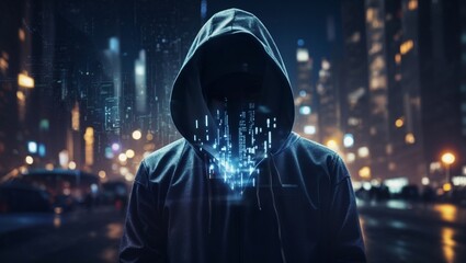Double exposure image of an anonymous hacker in a hoodie in the night in the city of data.

