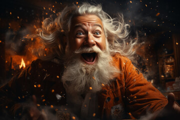 Fototapeta na wymiar illustration of amazed face Santa Claus in his workshop. WOW. Christmas fairytale