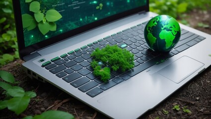Technology with nature concept.Laptop keyboard with Green Globe on it. Carbon efficient technology. Digital sustainability.

