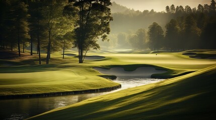 Idyllic golf course landscape with pristine greens and clear blue sky