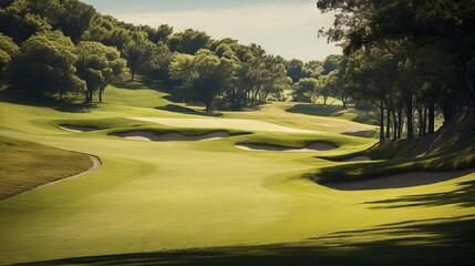 Fototapeta premium Idyllic golf course landscape with pristine greens and clear blue sky