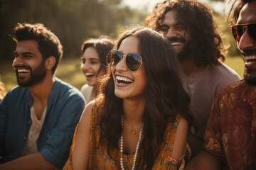 Young friends group loudly laughing