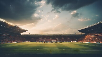 Stadium: aerial view of a large sports venue with green grass and bright lights