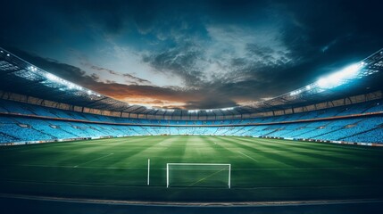 Spectacular aerial view of a modern stadium with green grass and bright lights - obrazy, fototapety, plakaty